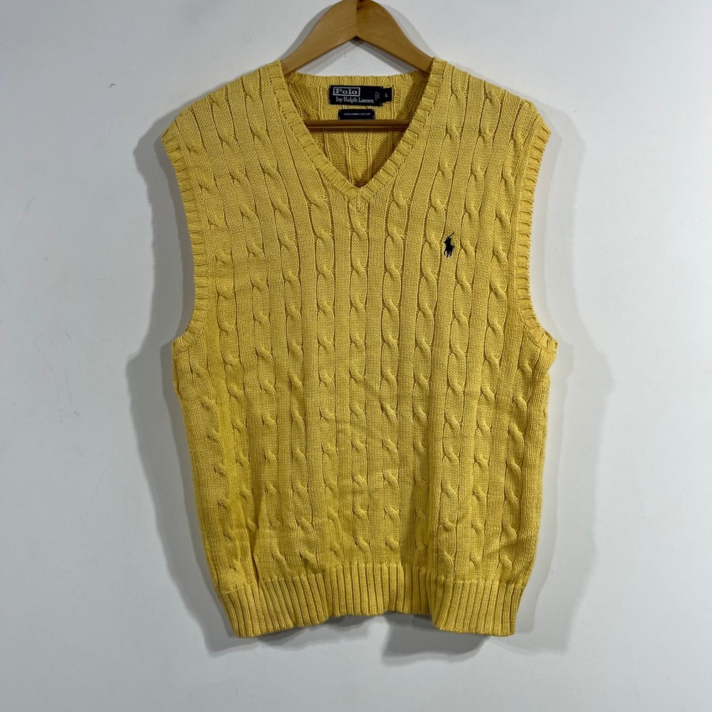 Polo Ralph Lauren Old Money Yellow Cable Knit Pima Cotton Sweater Vest Men Large